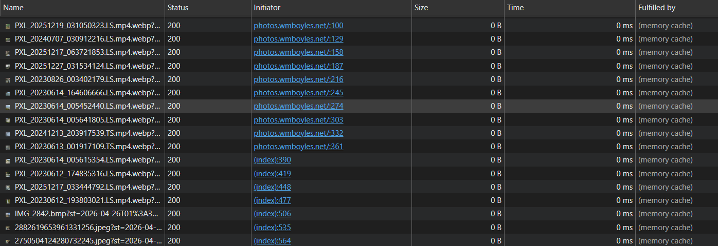A browser's network dev tools showing responses served from cache