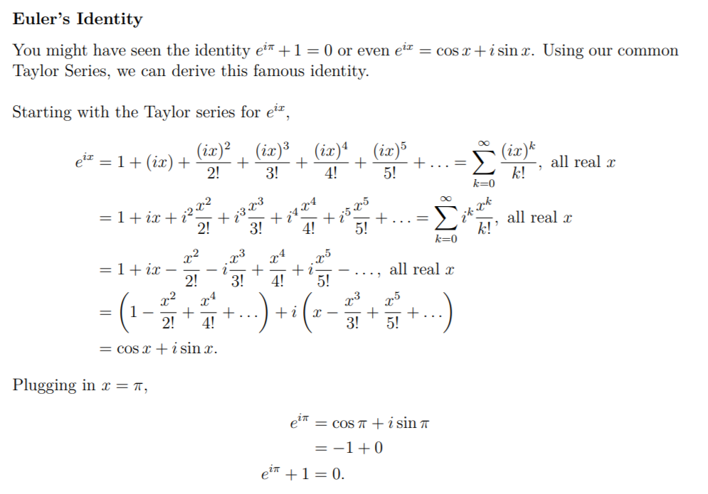 LaTeX excerpt deriving Euler's Identity