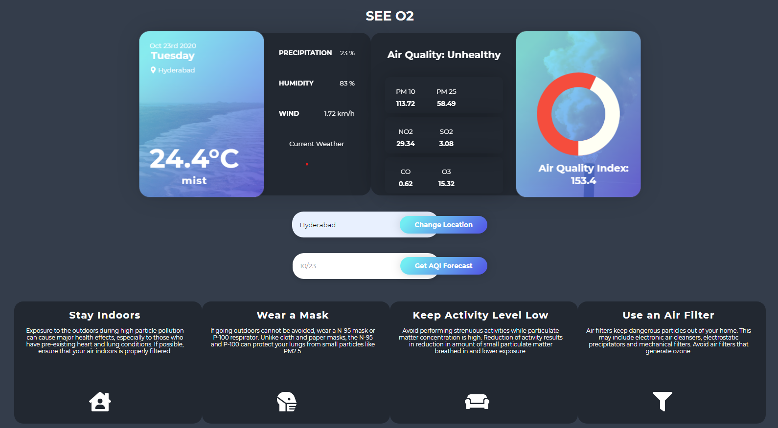 Sreenshot of app showing air quality data